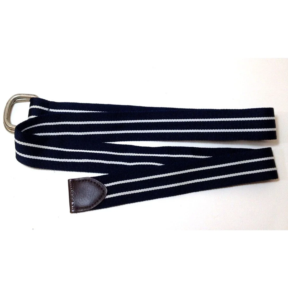Vintage US Polo Assn Navy Blue Canvas Leather Tip Adjustable D-ring Belt 30-36